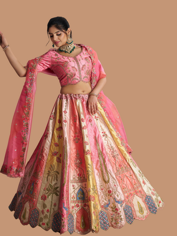 Pink Banarasi silk lehenga with organza dupatta for festive fusion