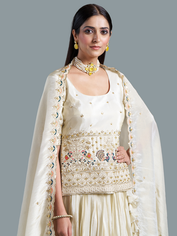 Pure Off-White Viscose Banarasi Tissue Lehenga Choli with Four-Side Embroidered Dupatta