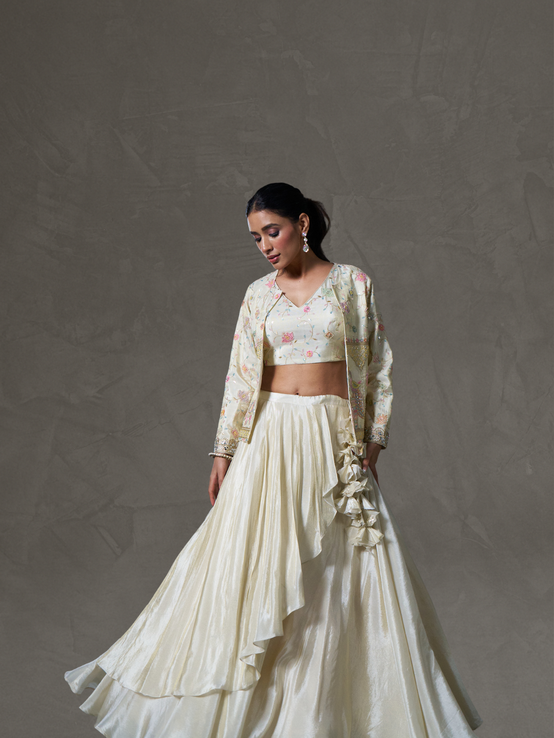 Off-White Viscose Banarasi Tissue Lehenga Choli with Four-Side Embroidered Dupatta
