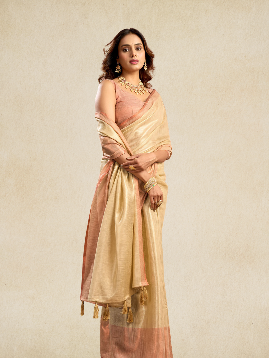 Light Brown Plain Tissue Silk Saree with Contrast Weave Border