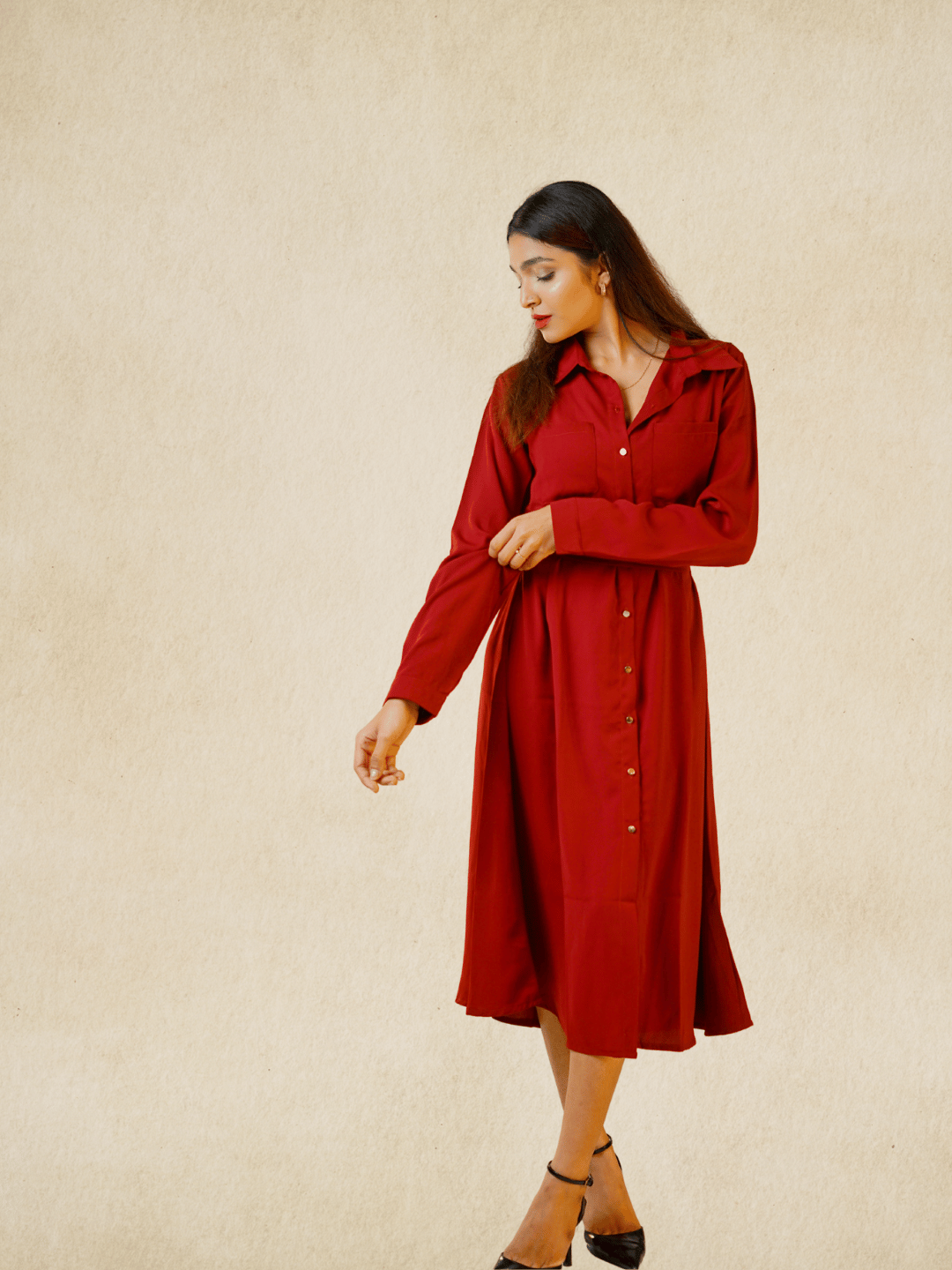 Marron Chic Tropical Will Fabric Midi Dress – Tailored Cuffed Sleeves