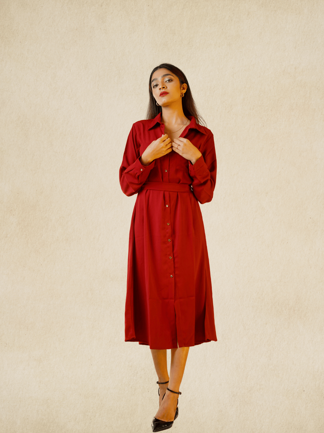 Marron Chic Tropical Will Fabric Midi Dress – Tailored Cuffed Sleeves