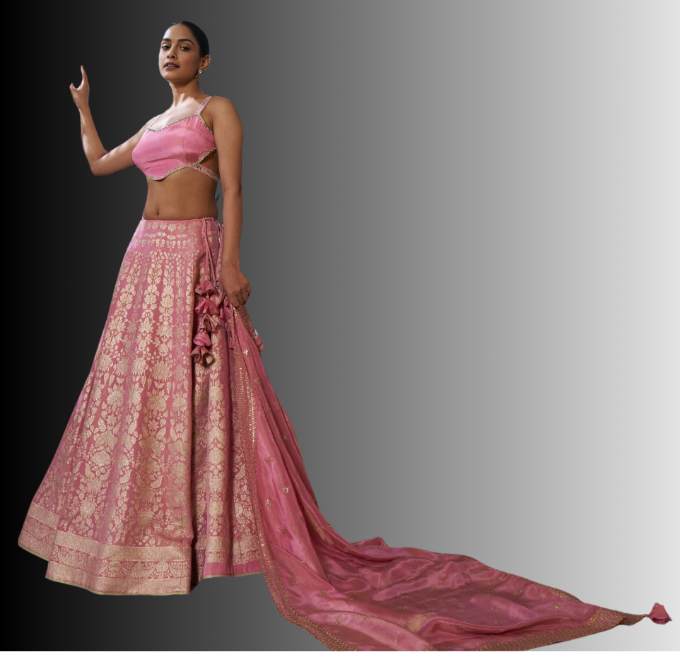 Pink Viscose Banarasi Tissue Lehenga Choli with Four-Side Embroidered Dupatta