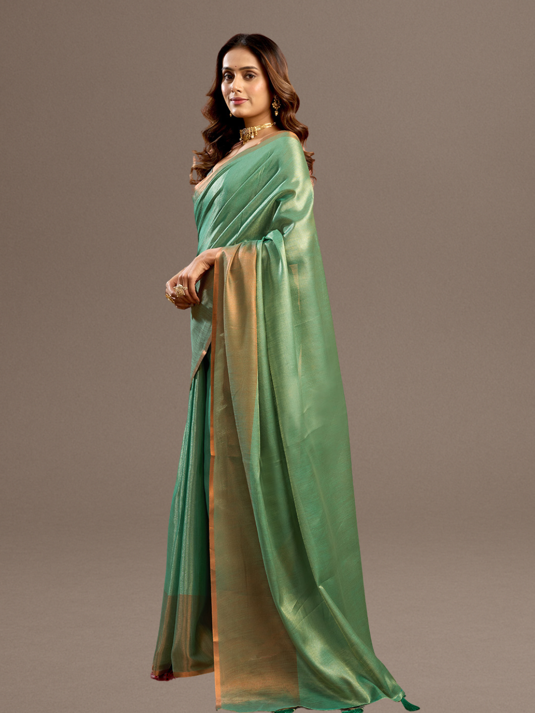 Rama Green Plain Tissue Silk Saree with Contrast Weave Border