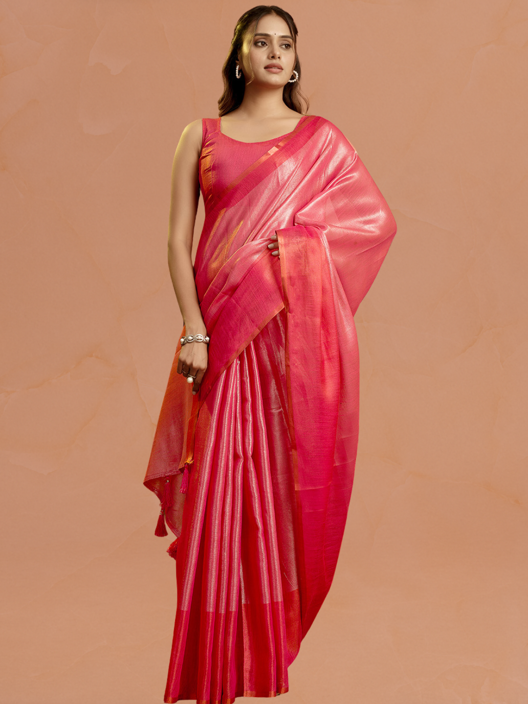 Red Plain Tissue Silk Saree with Contrast Weave Border