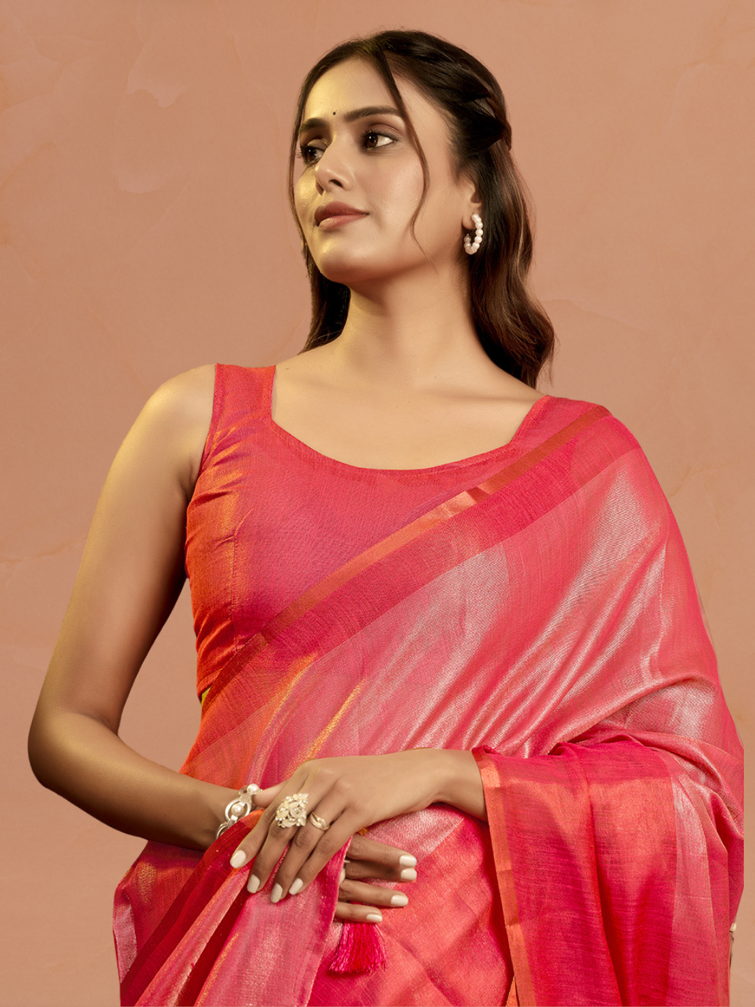 Red Plain Tissue Silk Saree with Contrast Weave Border