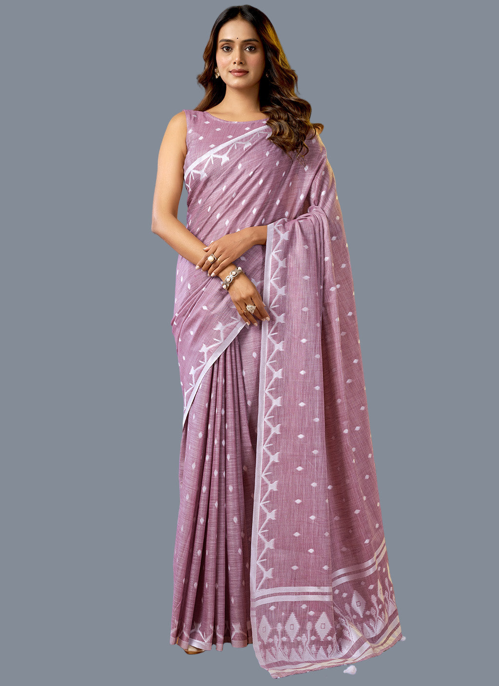 Pink Pure Cotton Jamdani Saree with Floral & Leaf Butti Weaving