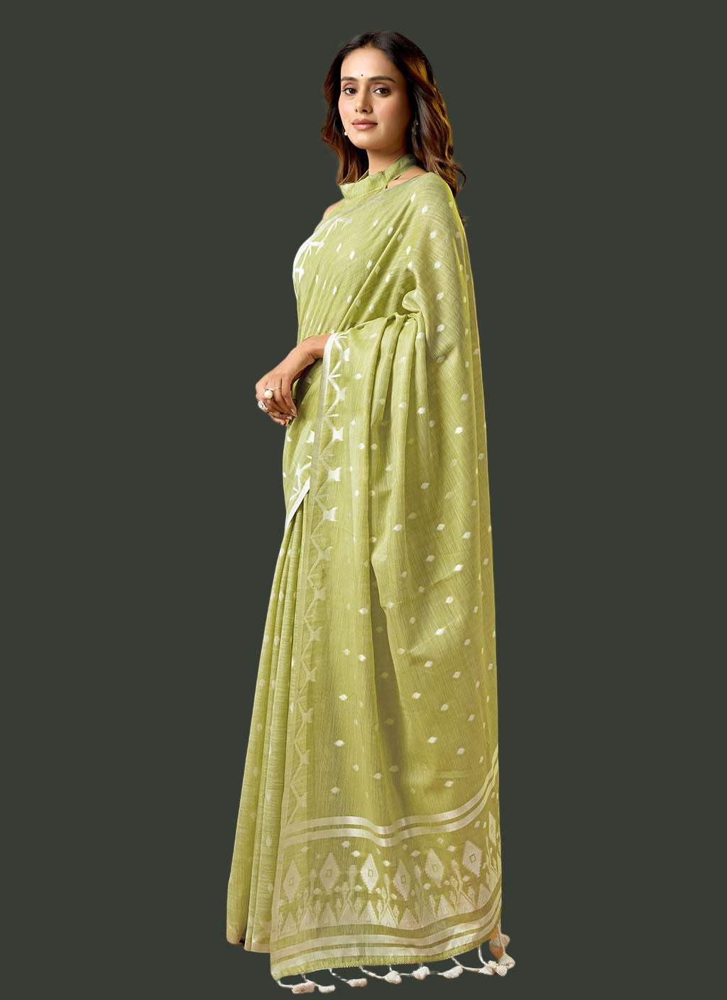 Mehendi Green Pure Cotton Jamdani Saree with Floral & Leaf Butti Weaving