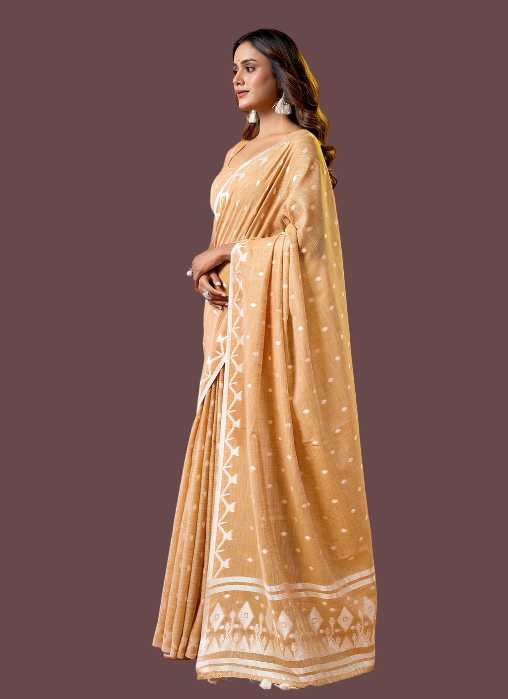 Mustard Yellow Pure Cotton Jamdani Saree with Floral & Leaf Butti Weaving