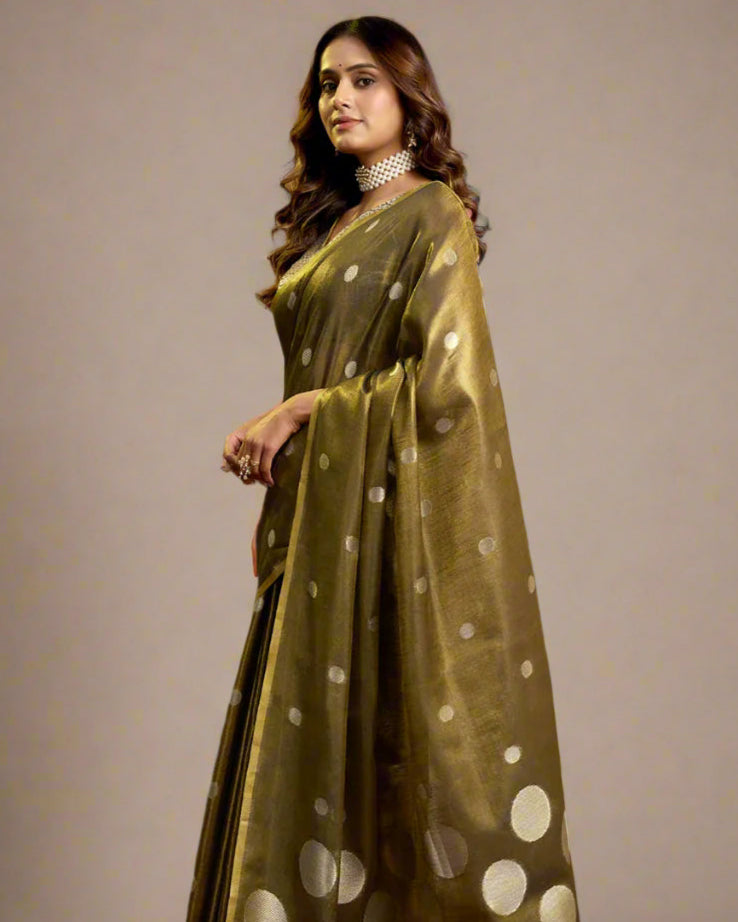 Elegant Olive Tissue Silk Polka Weave Pure Saree with All-Over Weave & Matching Blouse