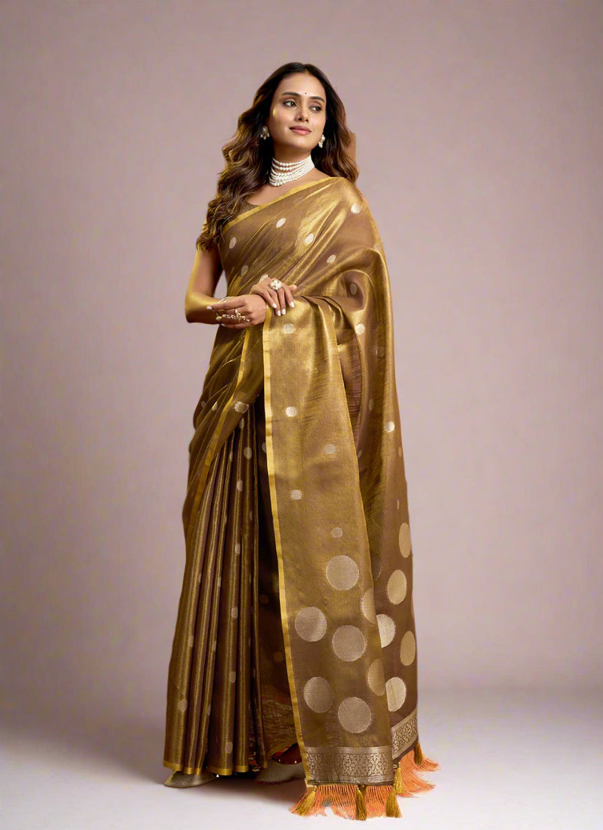 Elegant Brown Tissue Silk Polka Weave Pure Saree with All-Over Weave & Matching Blouse
