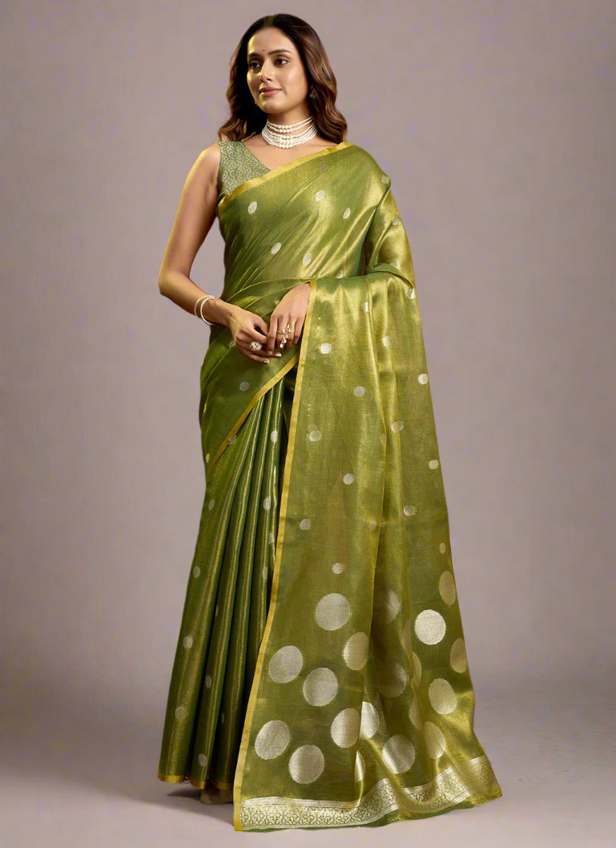 Elegant Mehendi Green Tissue Silk Polka Weave Pure Saree with All-Over Weave & Matching Blouse