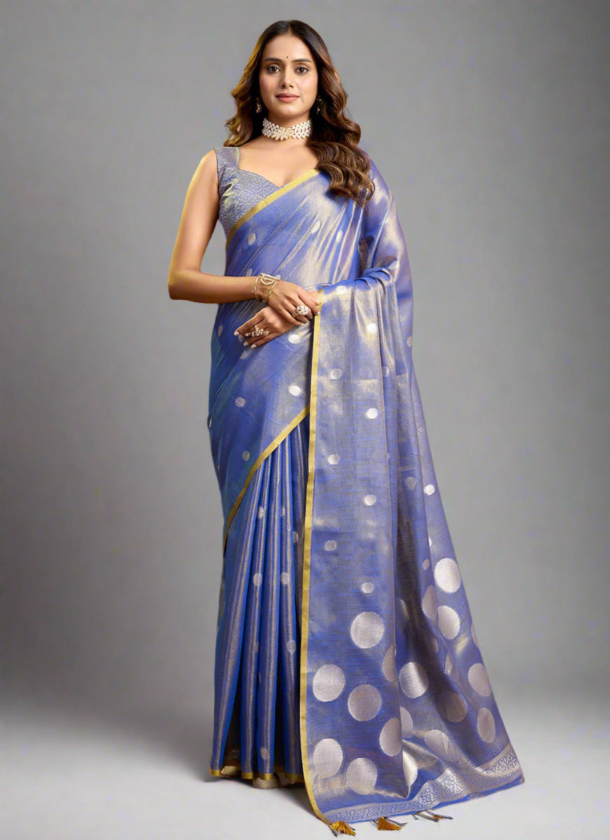 Elegant Royal Blue Tissue Silk Polka Weave Pure Saree with All-Over Weave & Matching Blouse