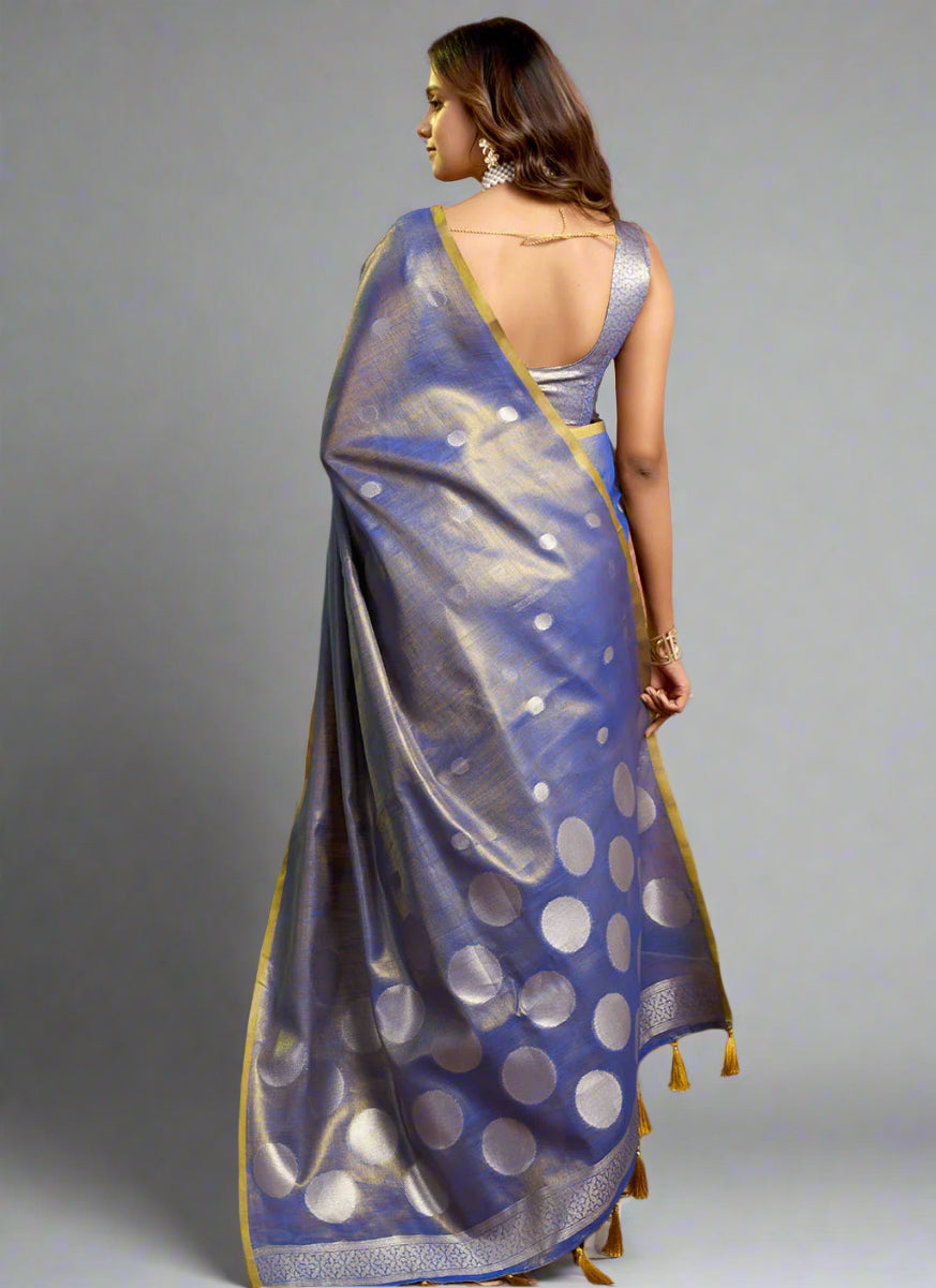Elegant Royal Blue Tissue Silk Polka Weave Pure Saree with All-Over Weave & Matching Blouse
