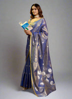 Elegant Royal Blue Tissue Silk Polka Weave Pure Saree with All-Over Weave & Matching Blouse