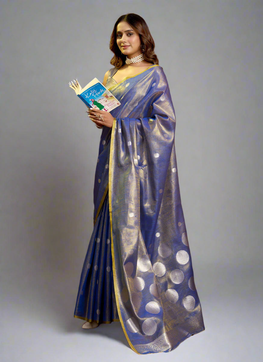 Elegant Royal Blue Tissue Silk Polka Weave Pure Saree with All-Over Weave & Matching Blouse