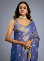 Elegant Royal Blue Tissue Silk Polka Weave Pure Saree with All-Over Weave & Matching Blouse