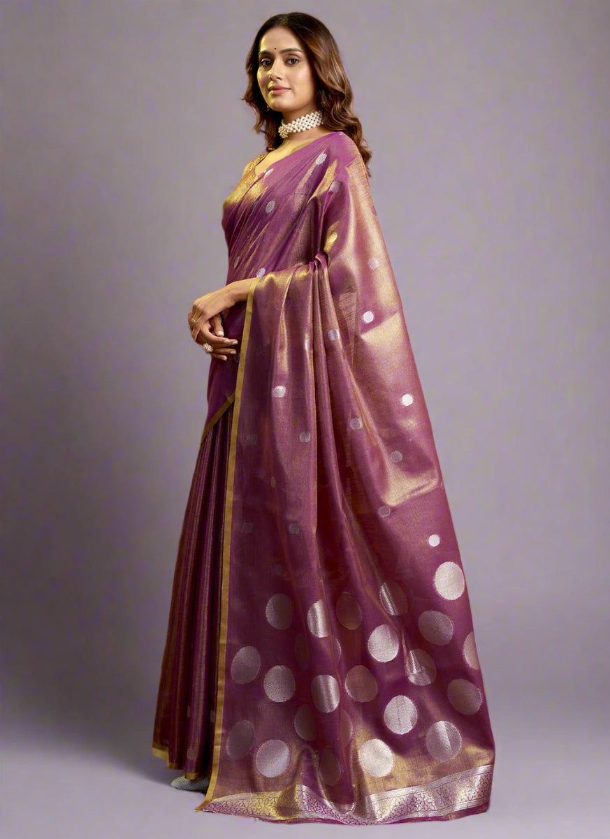 Elegant Violet Tissue Silk Polka Weave Pure Saree with All-Over Weave & Matching Blouse