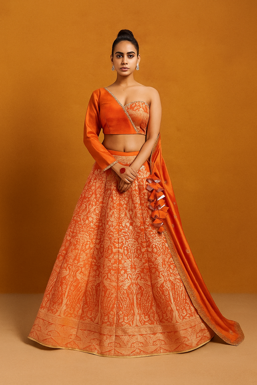 Orange Viscose Banarasi Tissue Lehenga Choli with Four-Side Embroidered Dupatta