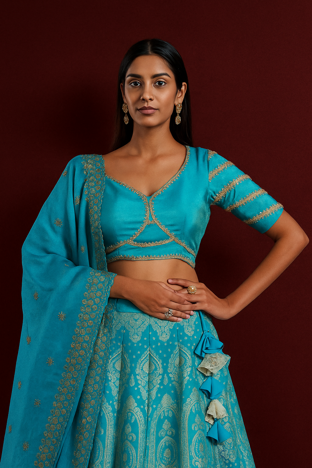 Sky Blue Viscose Banarasi Tissue Lehenga Choli with Four-Side Embroidered Dupatta