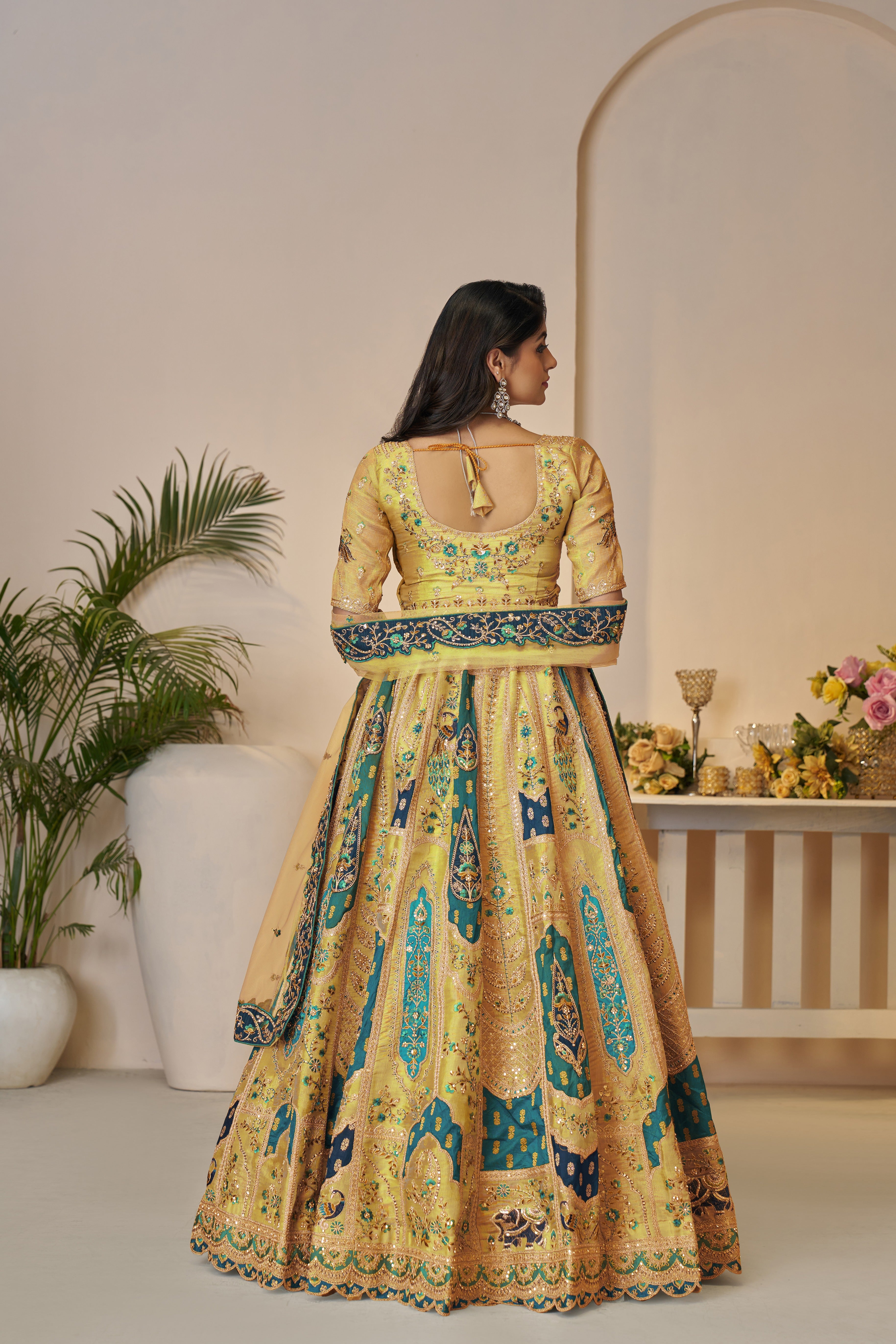 Sunny yellow Banarasi silk lehenga for joyful celebrations
