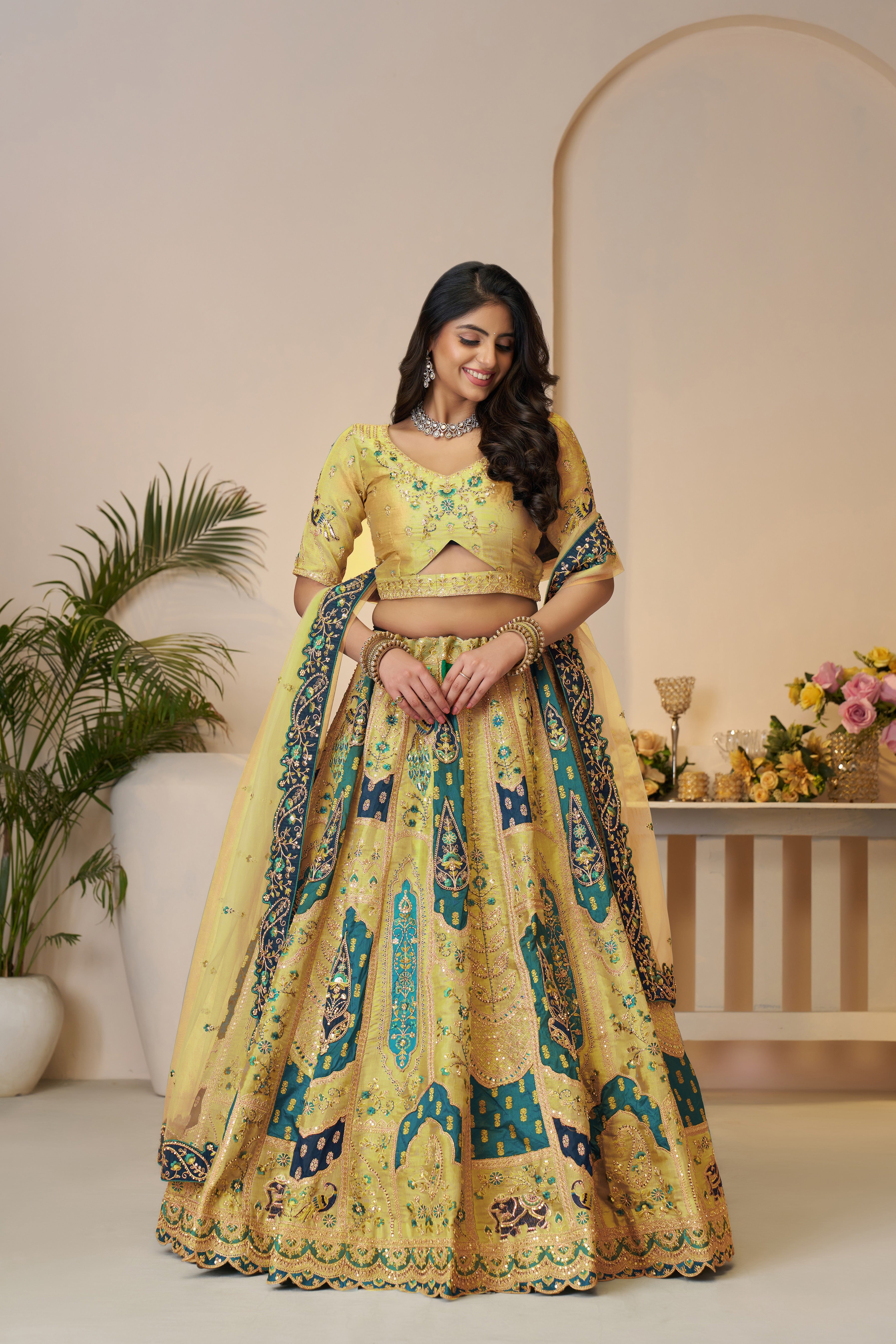 Sunny yellow Banarasi silk lehenga for joyful celebrations
