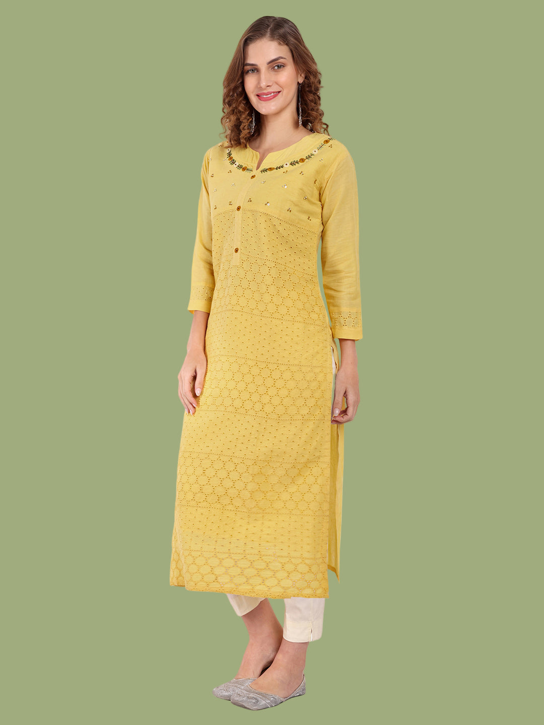 Sunny yellow cambric cotton kurti for joyful ethnic wear