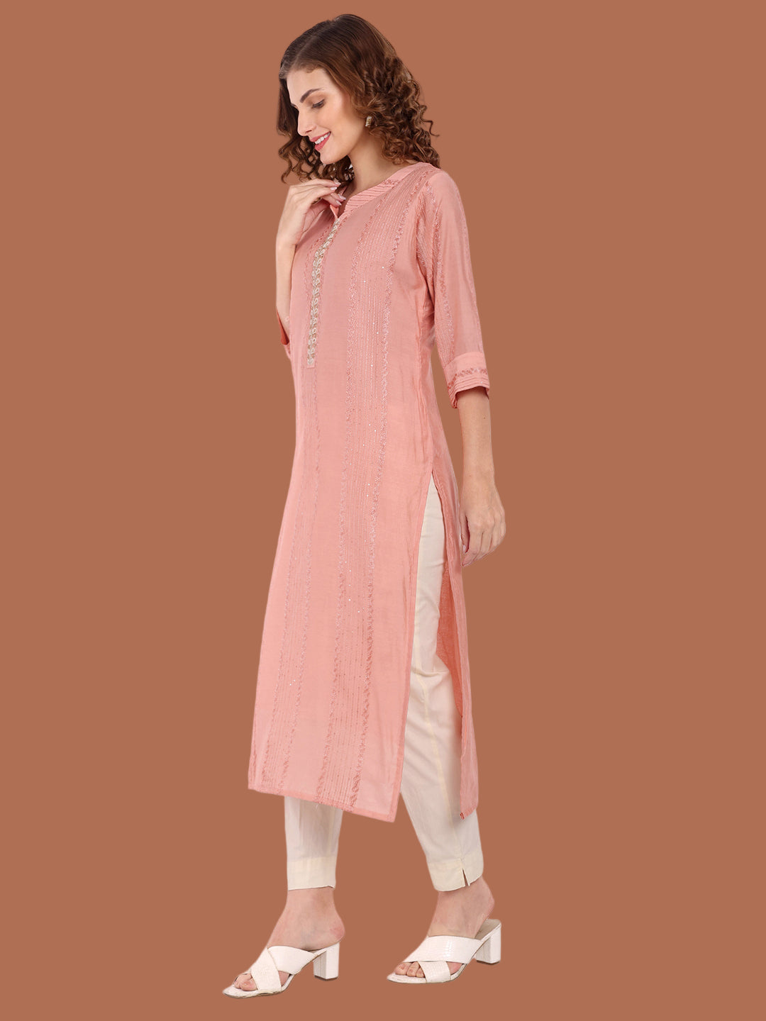Soft peach chanderi silk kurti for graceful ethnic styling
