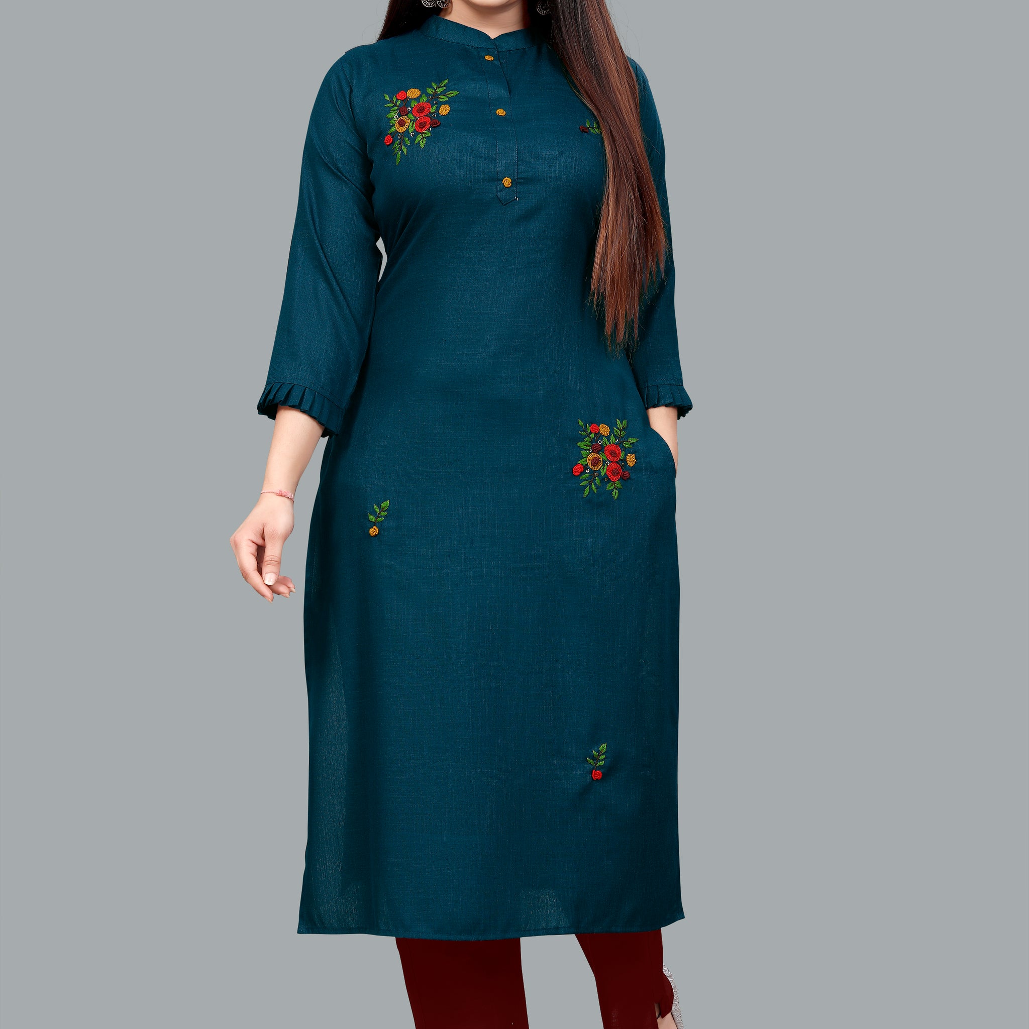 Soft cotton blend kurti in Rama green for everyday elegance