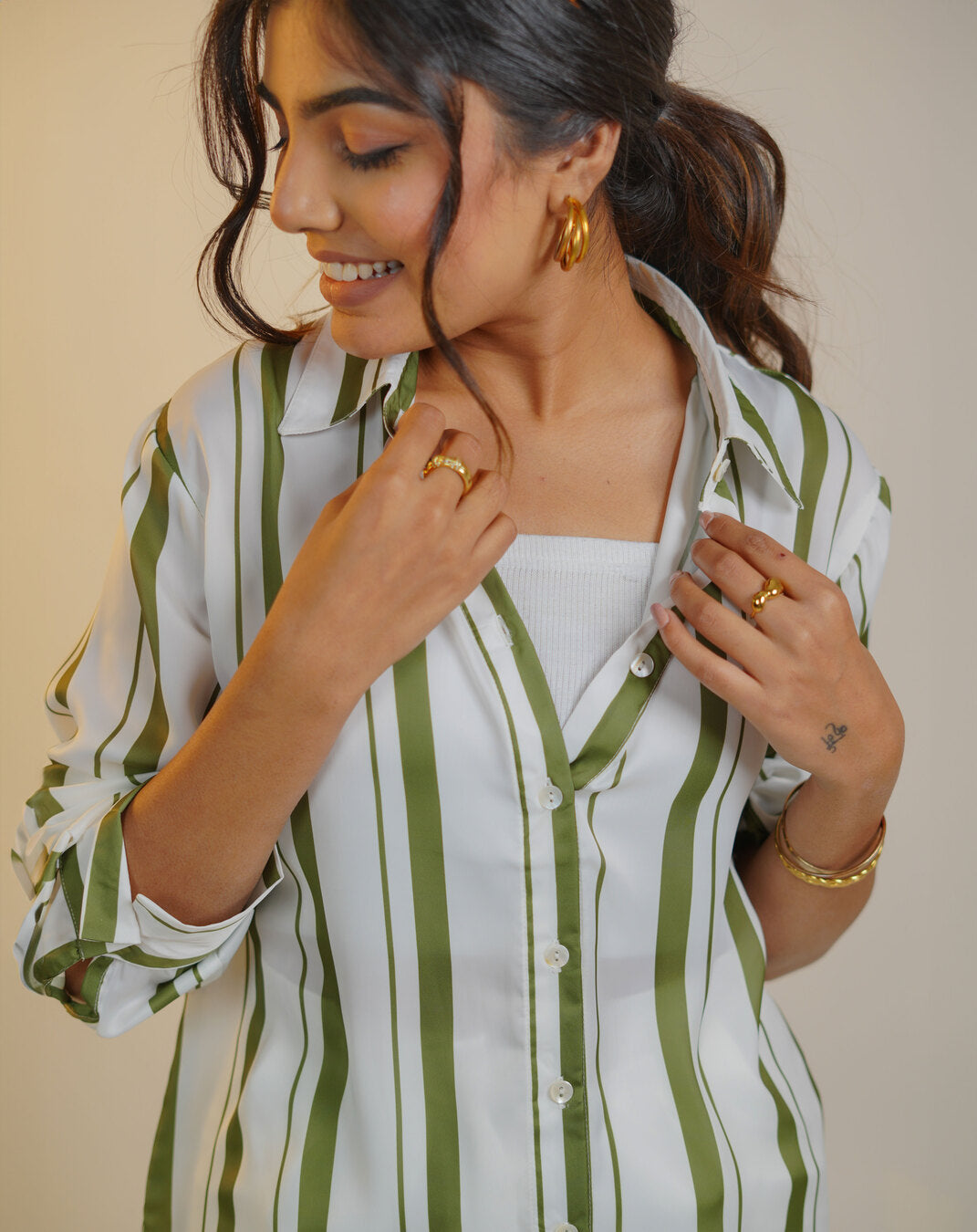 Olive Green Satin Striped Shirt