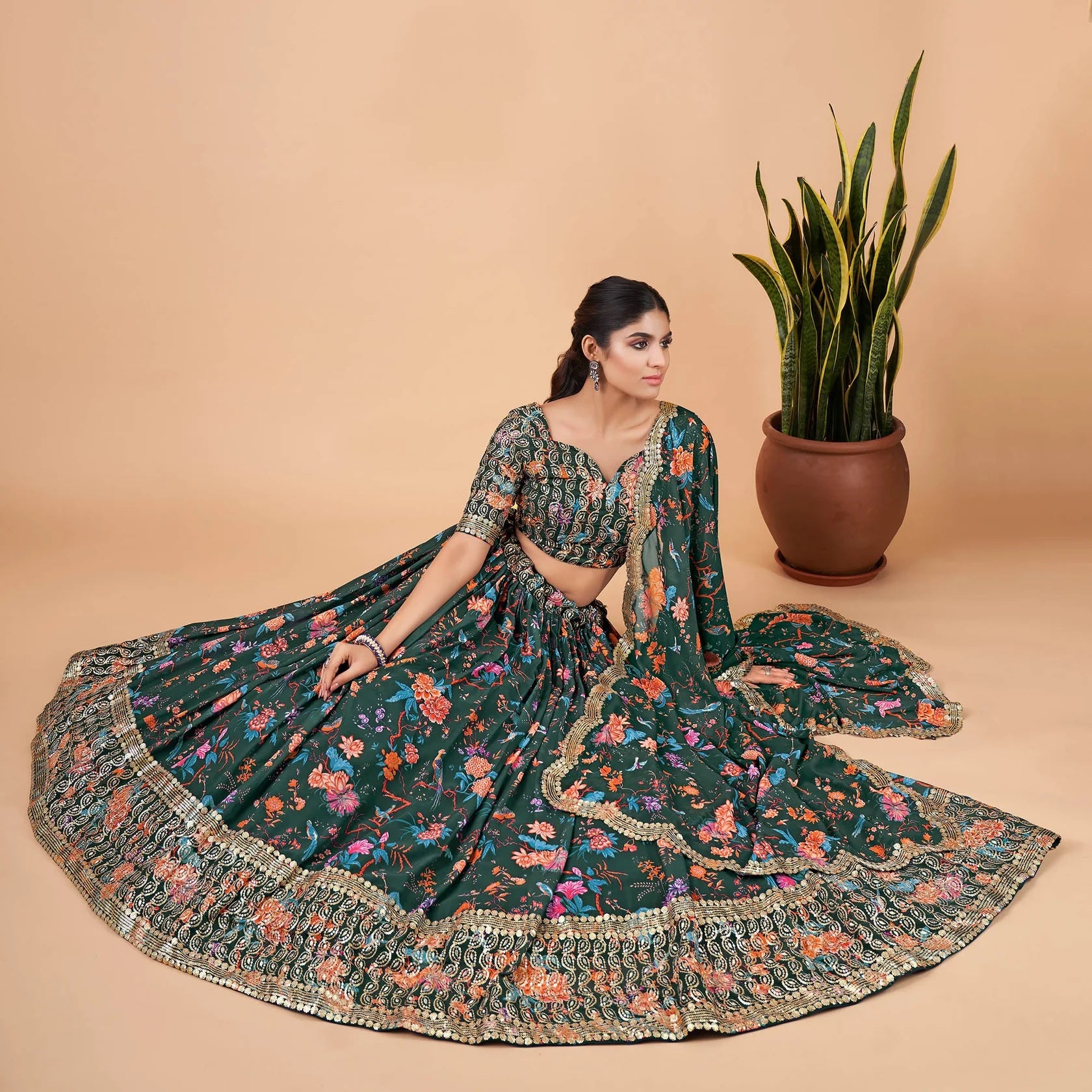 Bottle Green Floral Kalamkari Faux Georgette Lehenga Set with Zari Border
