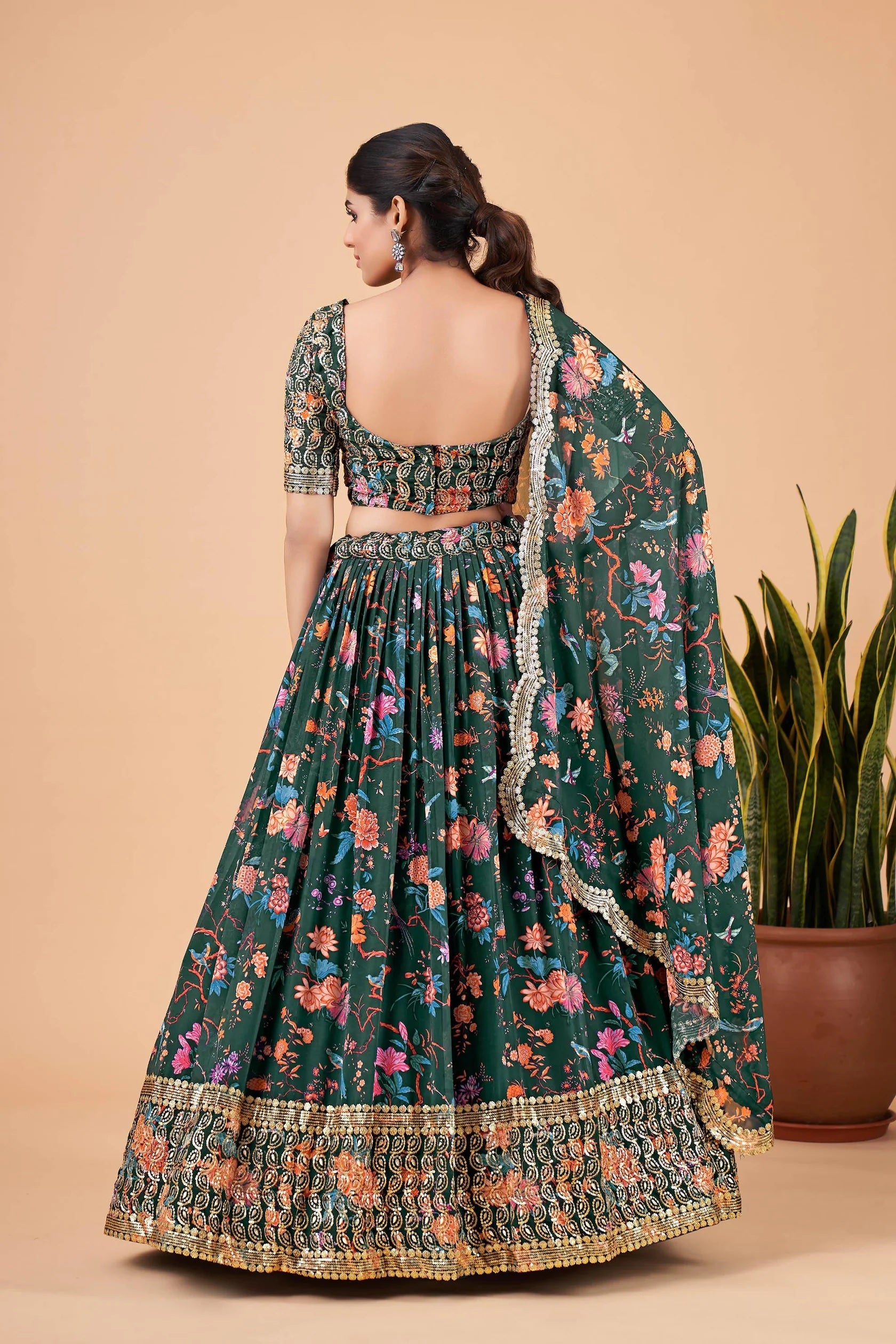 Bottle Green Floral Kalamkari Faux Georgette Lehenga Set with Zari Border