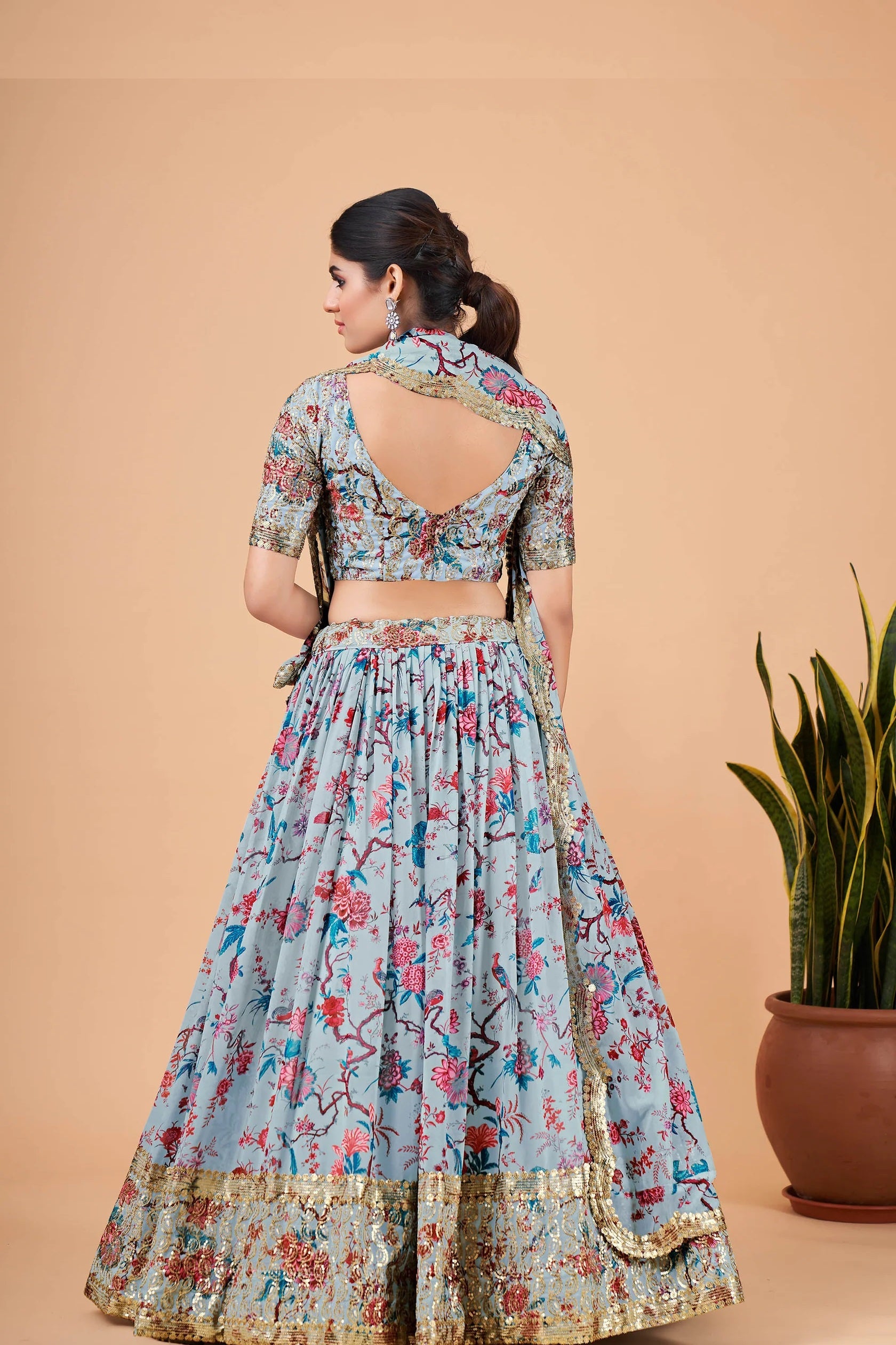 Sky Blue Floral Kalamkari Faux Georgette Lehenga Set with Zari Border