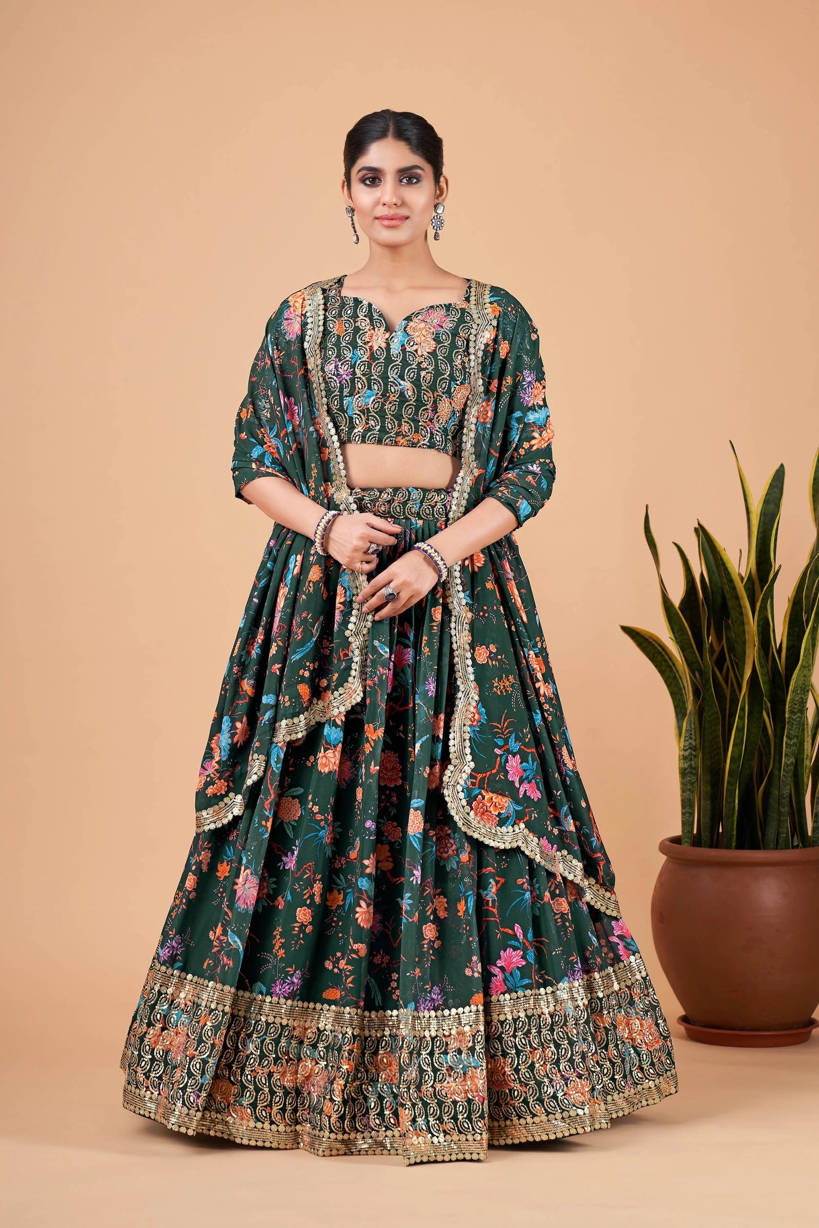 Bottle Green Floral Kalamkari Faux Georgette Lehenga Set with Zari Border