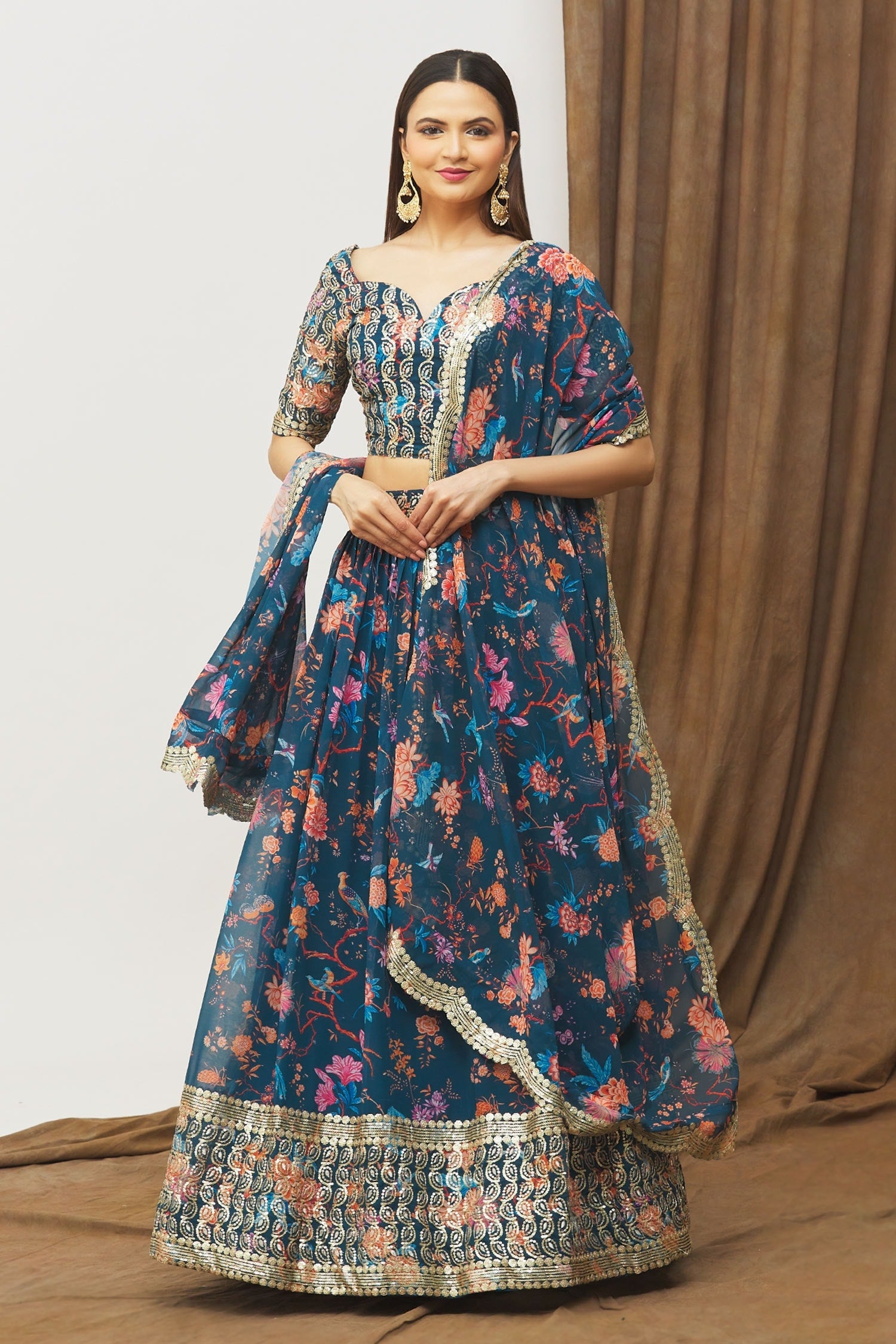Navy Blue Floral Kalamkari Faux Georgette Lehenga Set with Zari Border