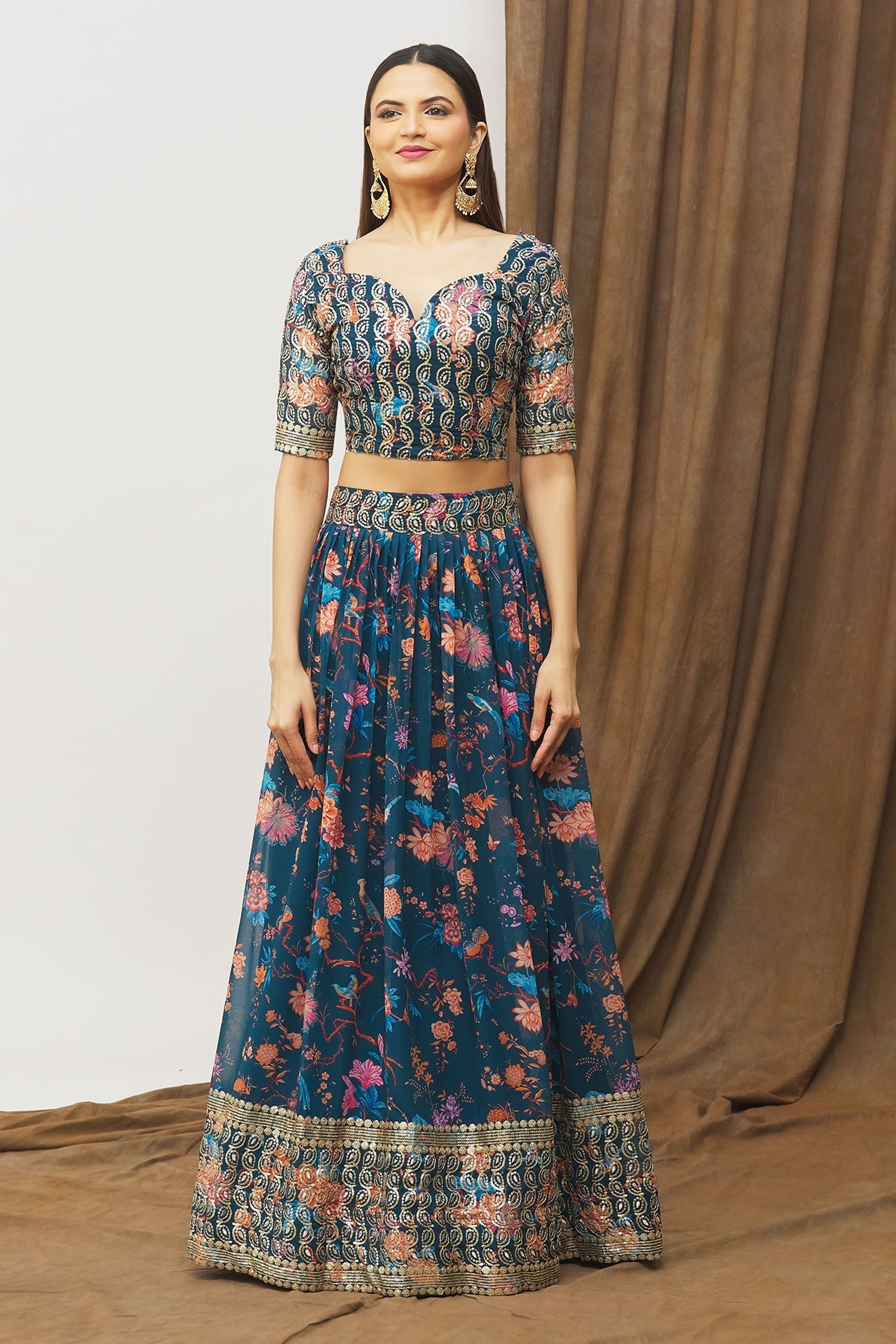 Navy Blue Floral Kalamkari Faux Georgette Lehenga Set with Zari Border