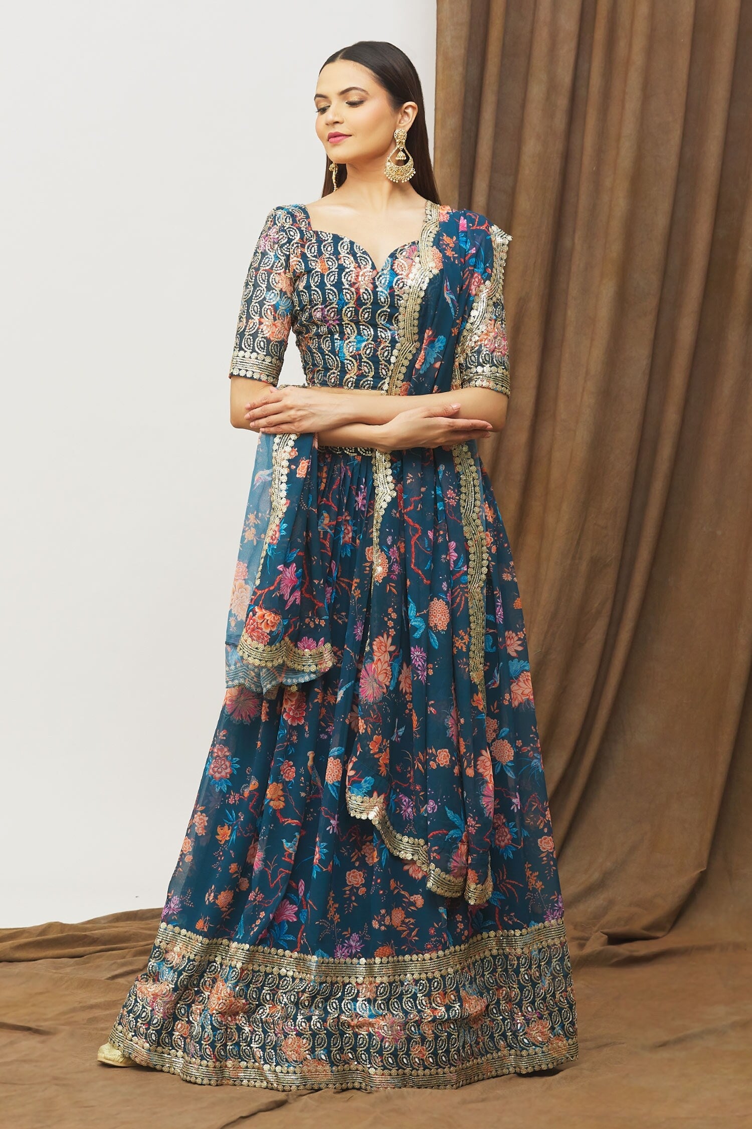 Navy Blue Floral Kalamkari Faux Georgette Lehenga Set with Zari Border