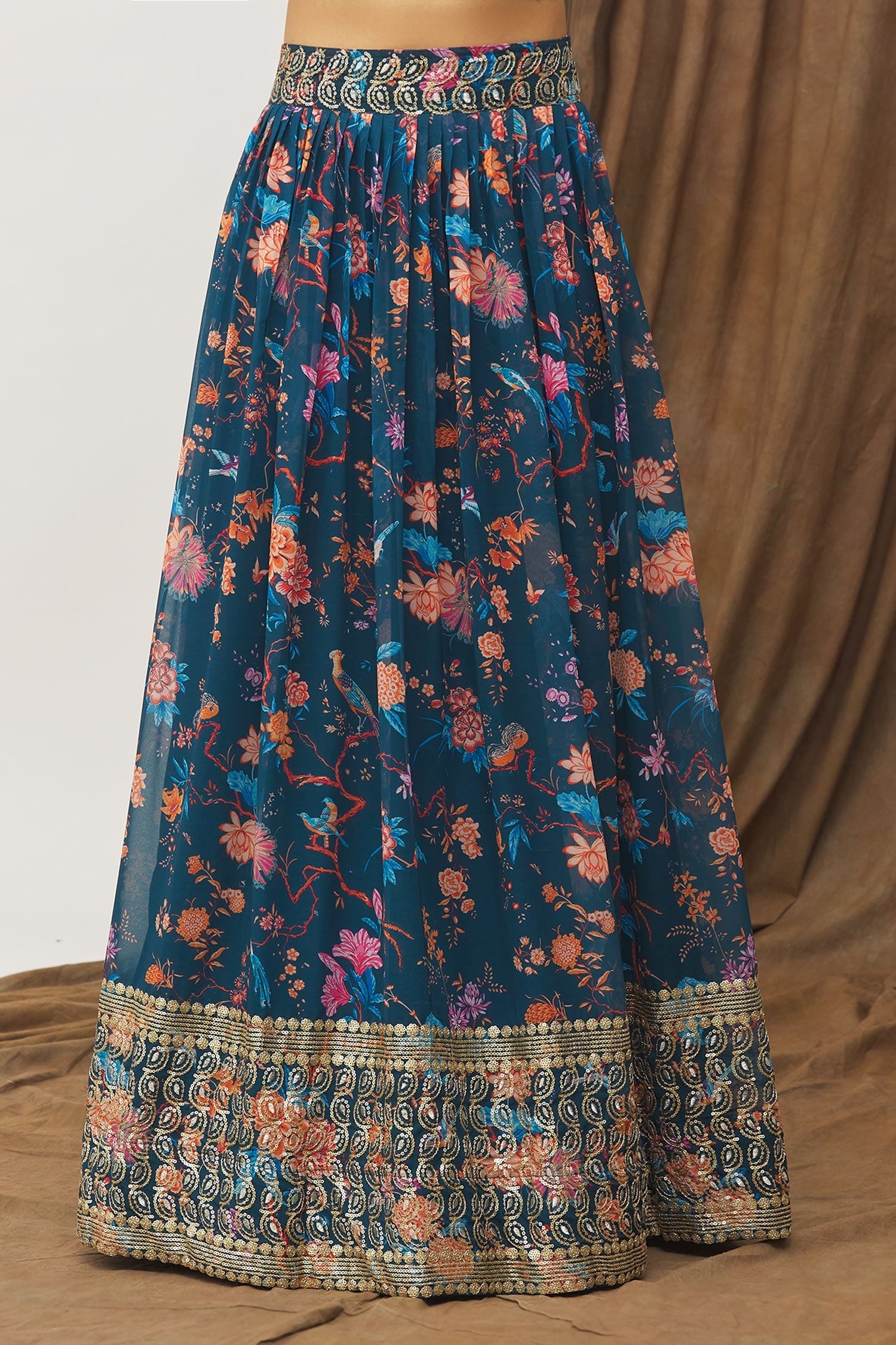 Navy Blue Floral Kalamkari Faux Georgette Lehenga Set with Zari Border