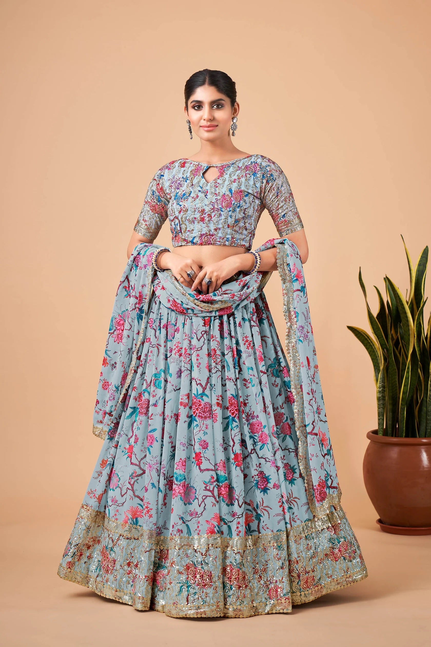 Sky Blue Floral Kalamkari Faux Georgette Lehenga Set with Zari Border