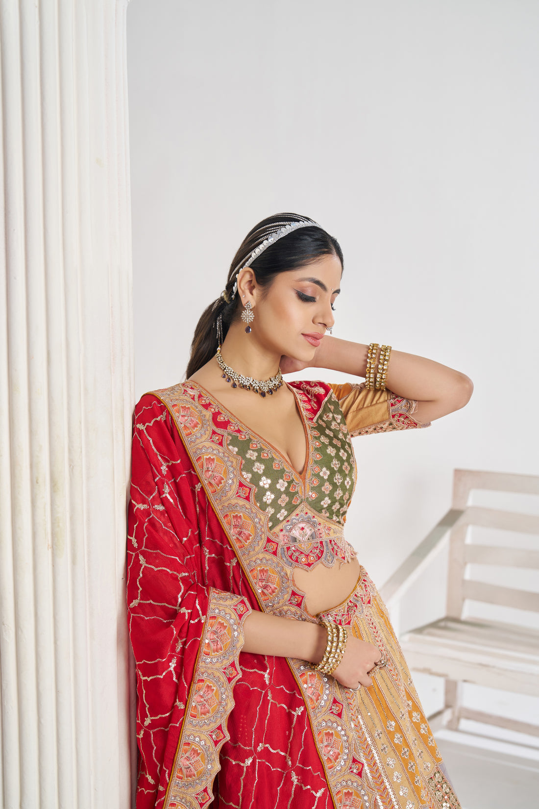 Mustard Dola silk lehenga with soft chinnon dupatta for festive grace