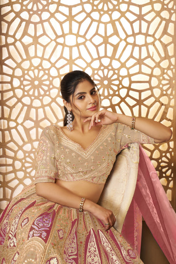 Subtle chiku tone lehenga with rich Banarasi silk elegance