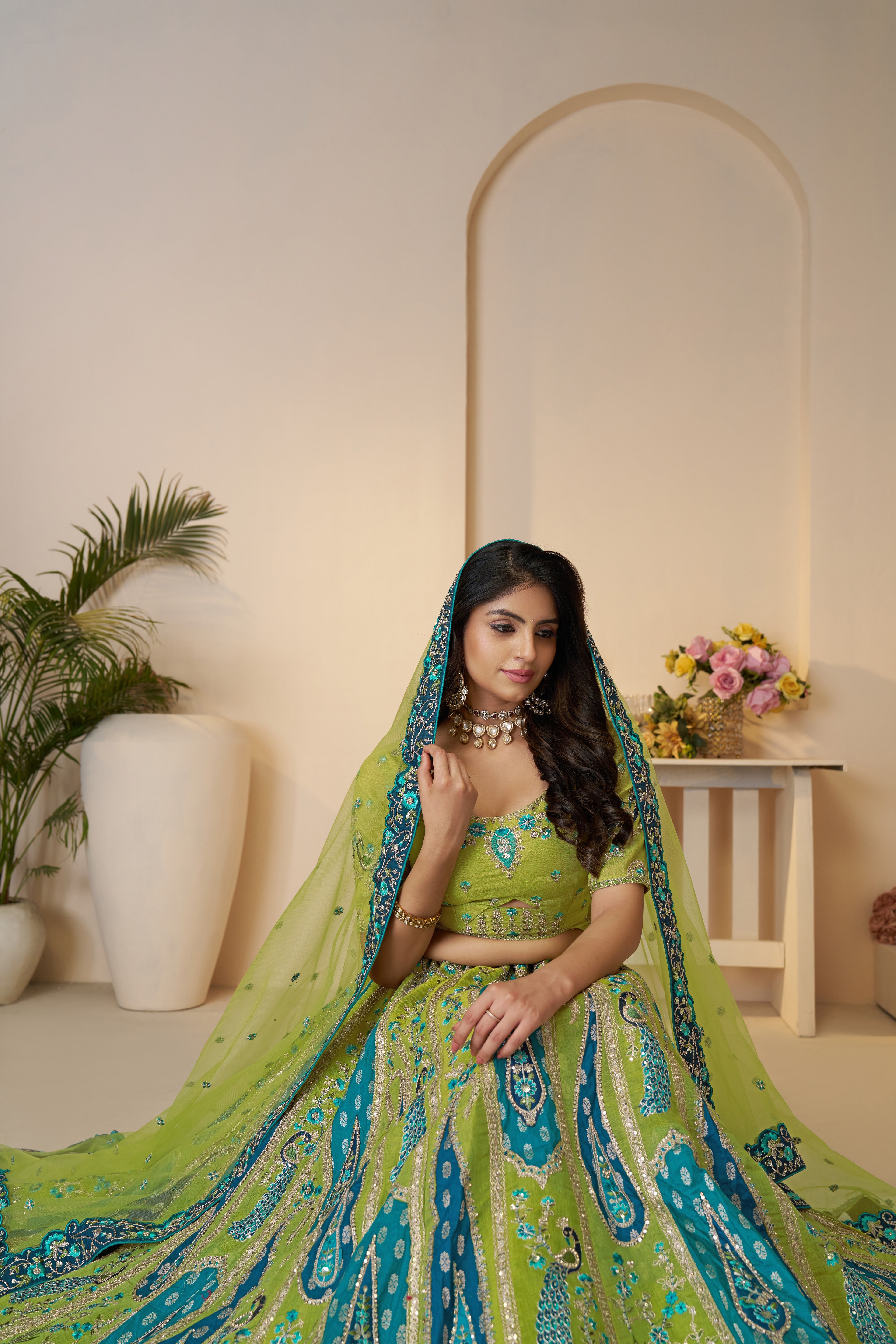 Fresh green Banarasi silk lehenga for vibrant ethnic style