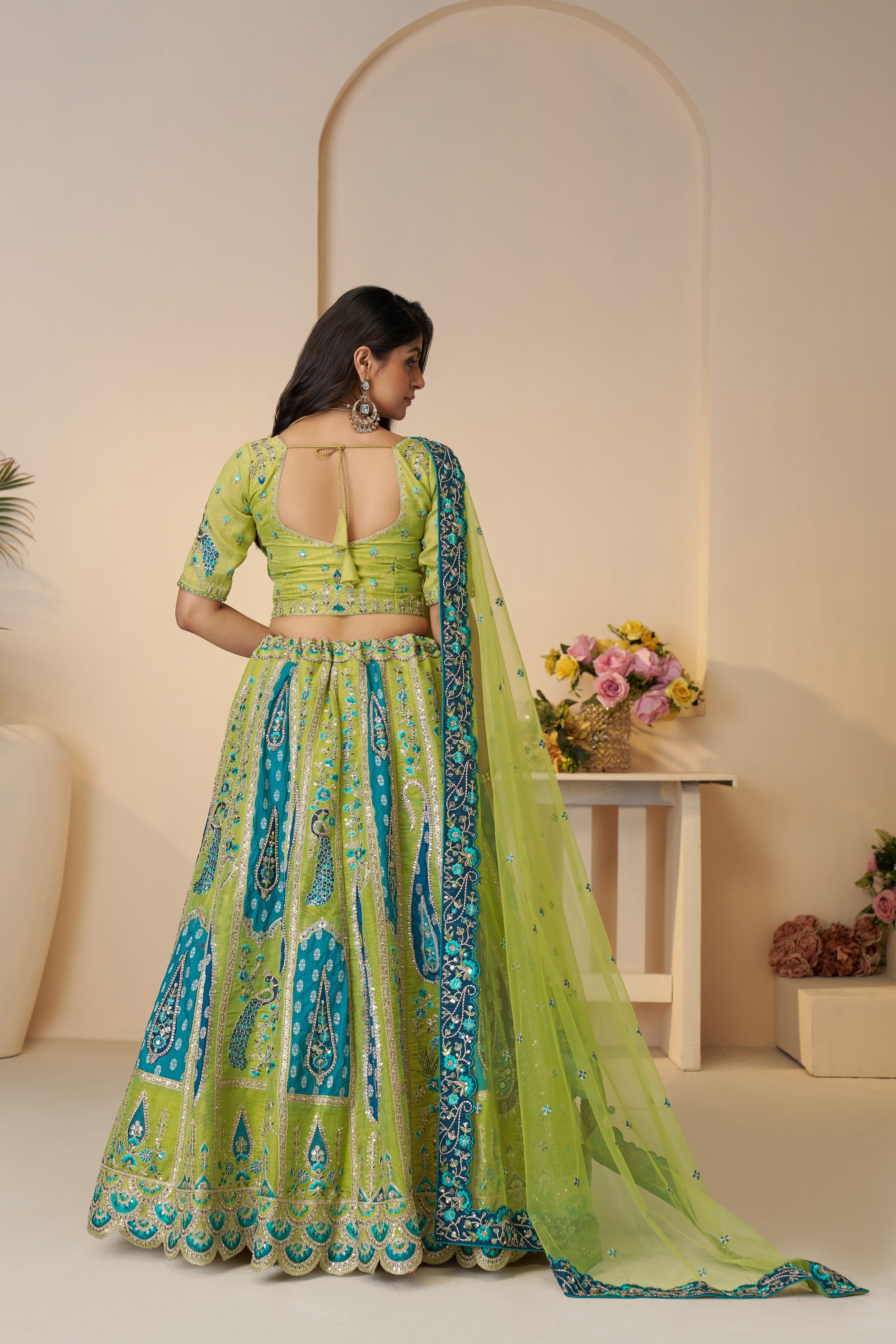 Fresh green Banarasi silk lehenga for vibrant ethnic style