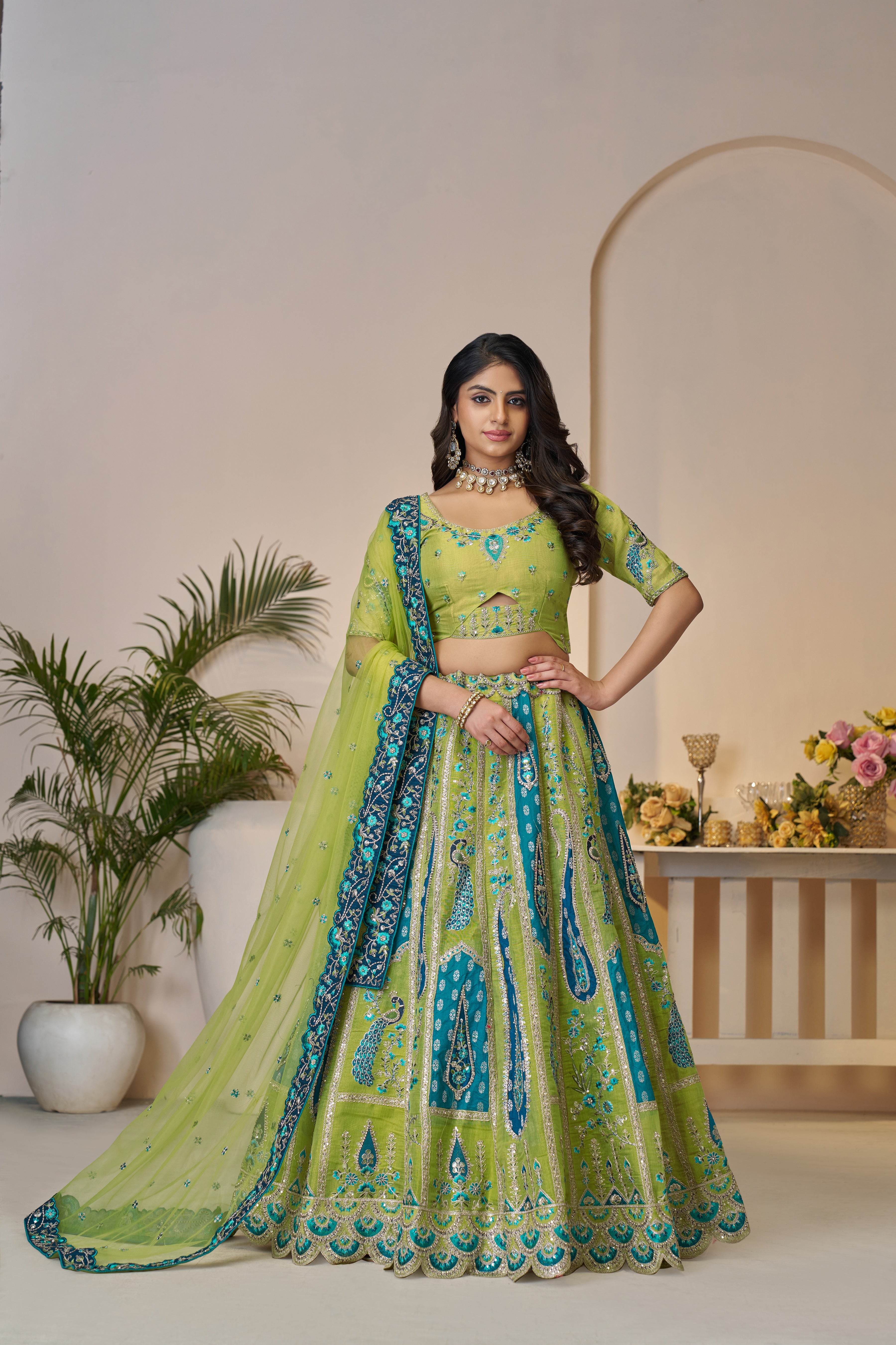 Fresh green Banarasi silk lehenga for vibrant ethnic style