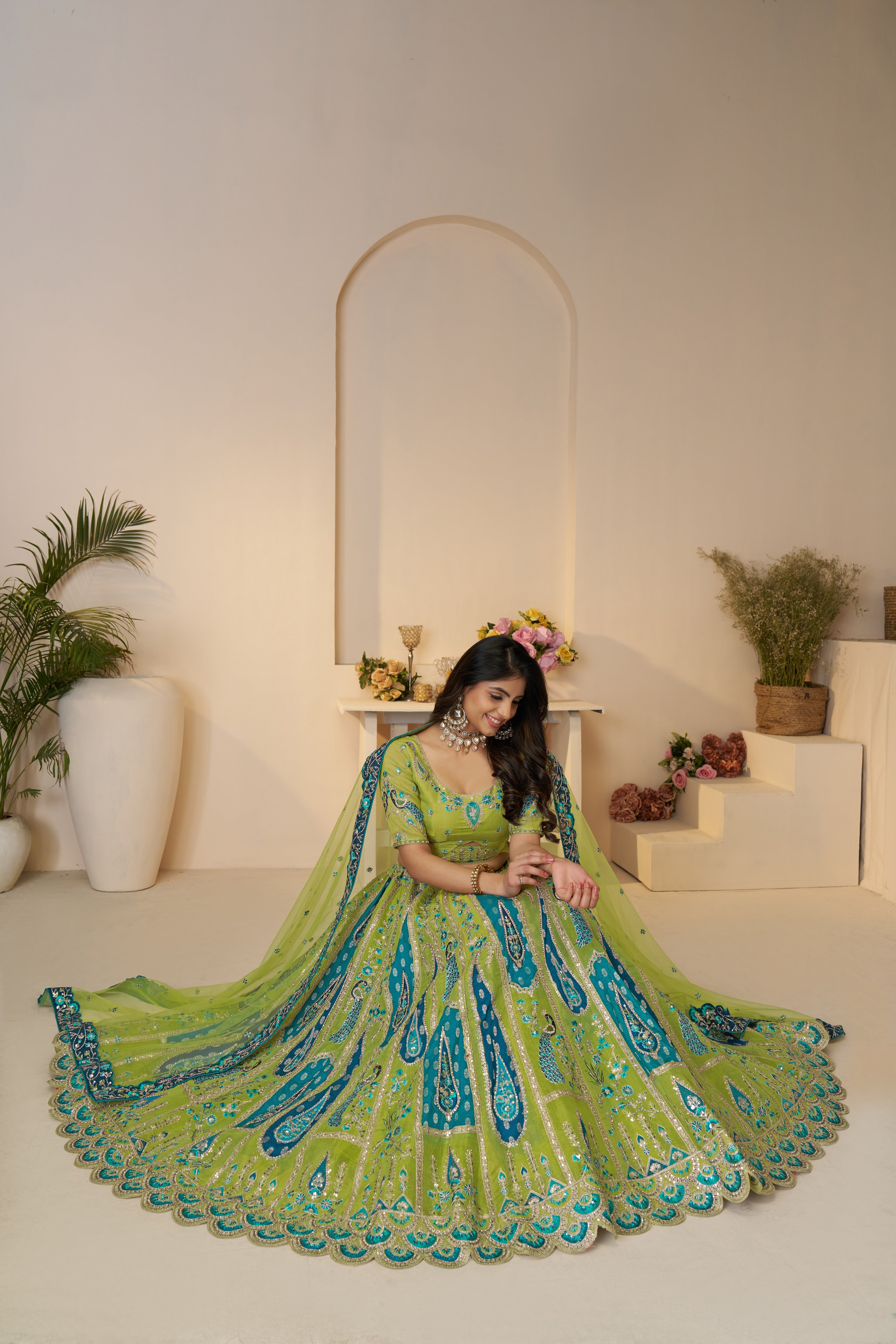 Fresh green Banarasi silk lehenga for vibrant ethnic style