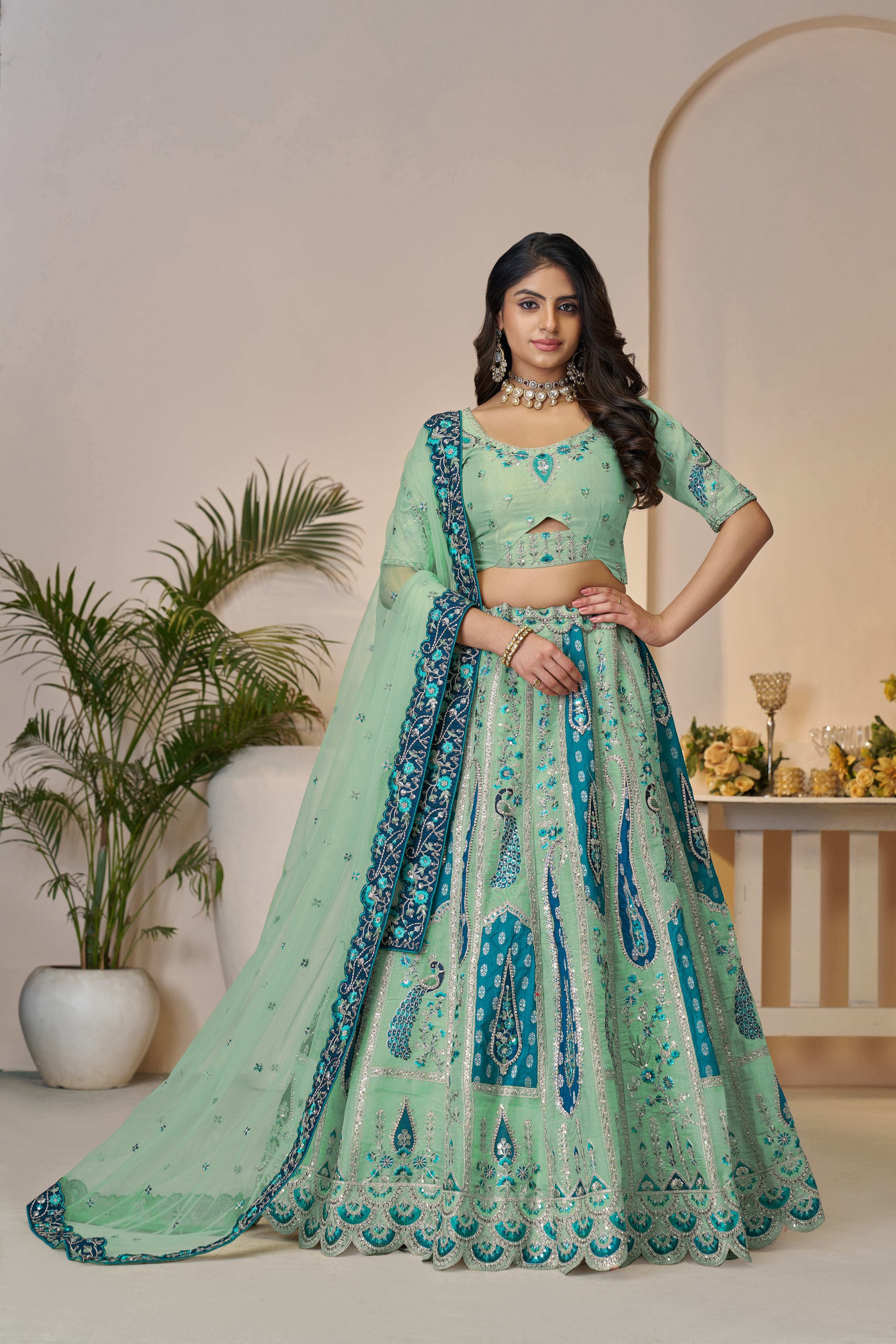 Sky blue Banarasi silk lehenga for ethnic charm