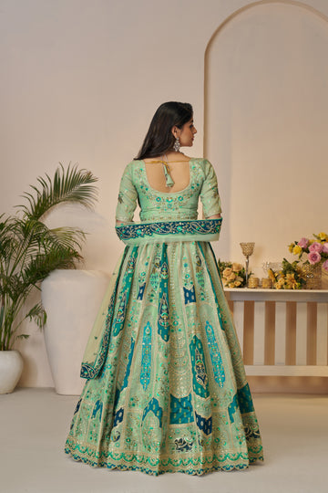 Fresh green Banarasi silk lehenga for vibrant ethnic style