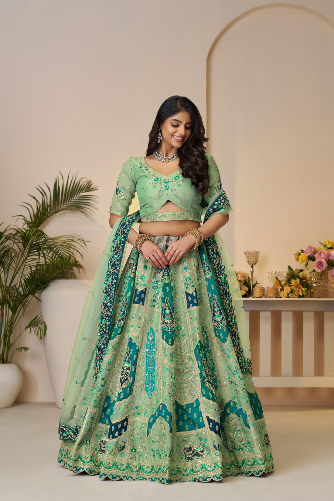 Fresh green Banarasi silk lehenga for vibrant ethnic style