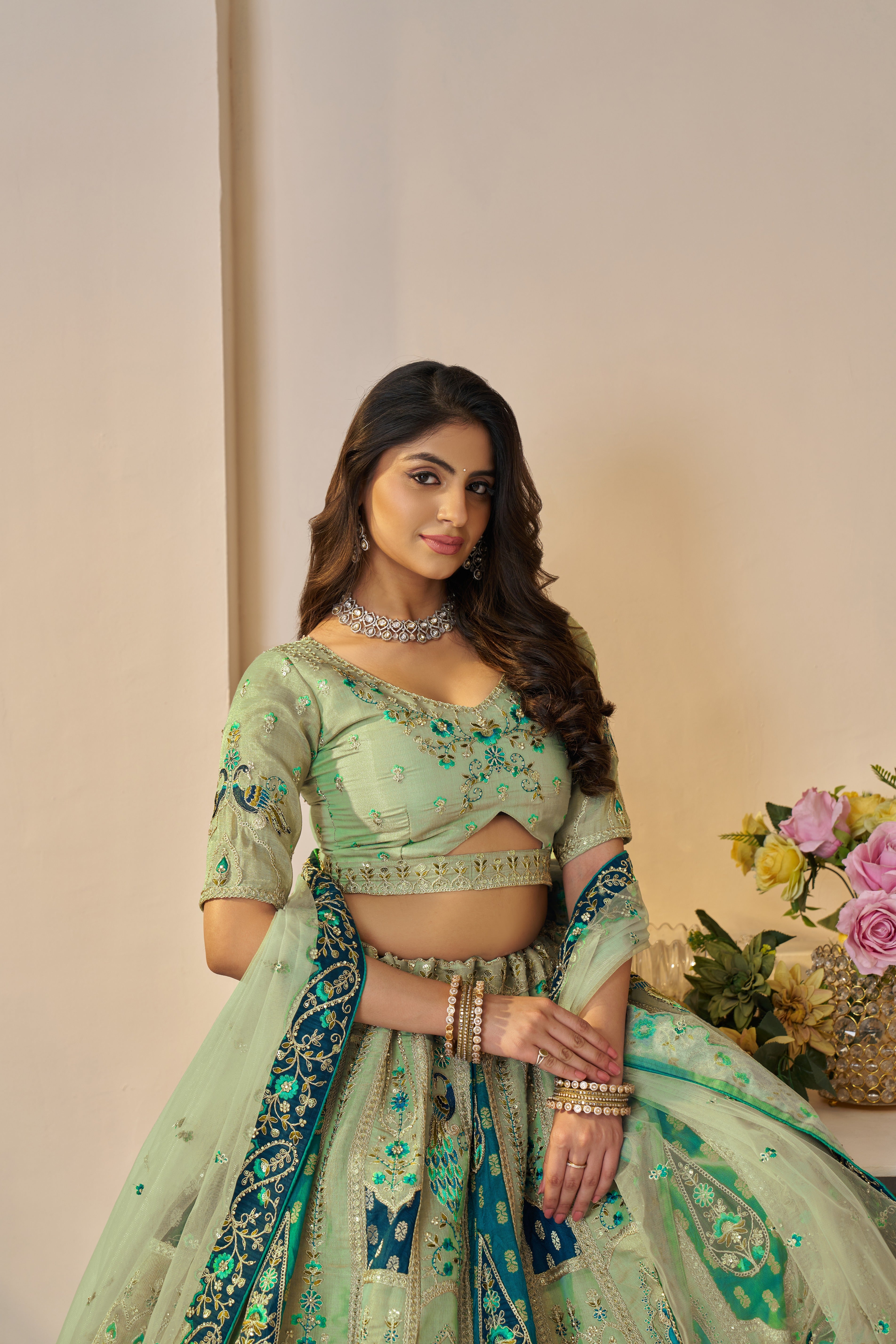 Fresh green Banarasi silk lehenga for vibrant ethnic style