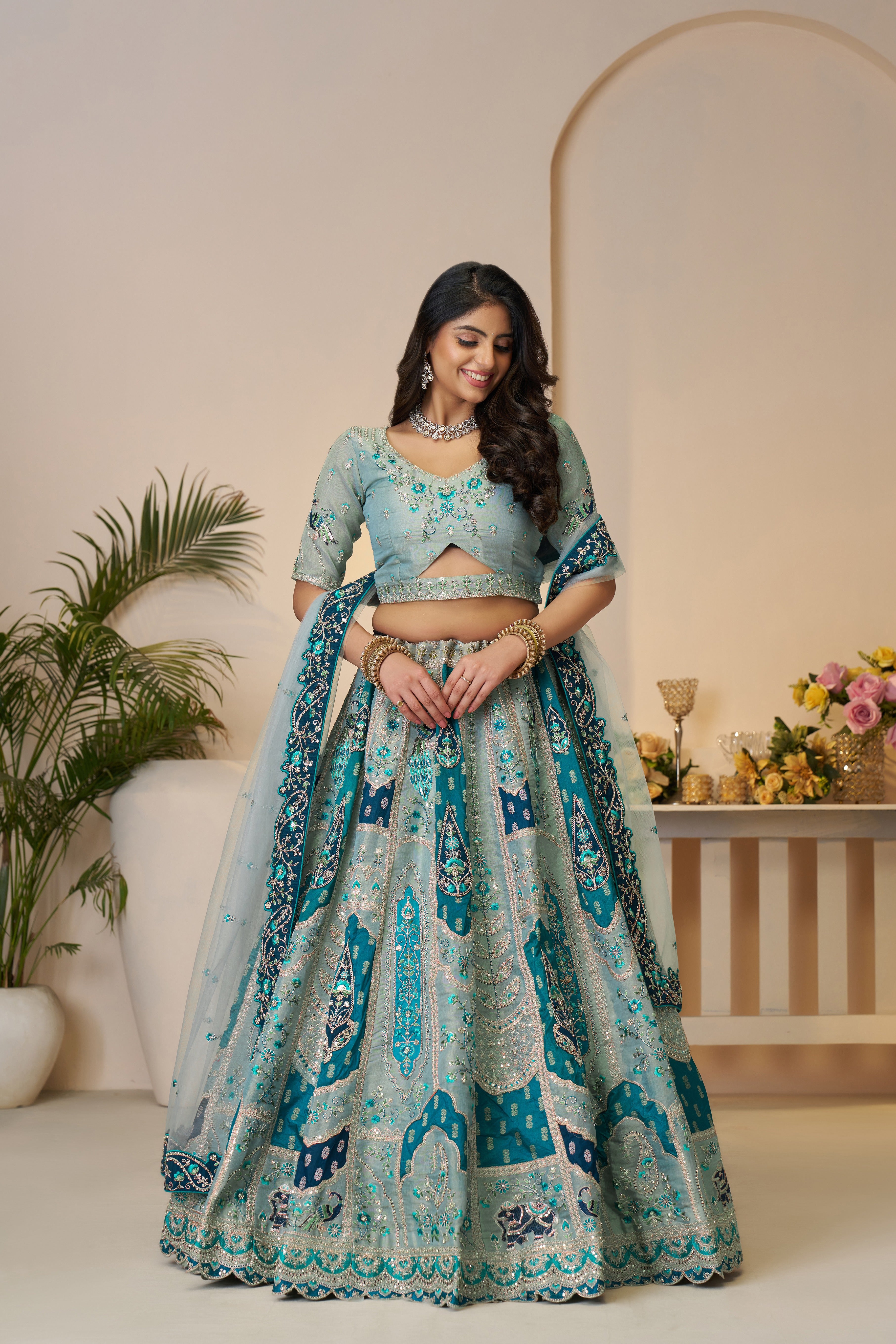 Sky blue Banarasi silk lehenga for ethnic charm